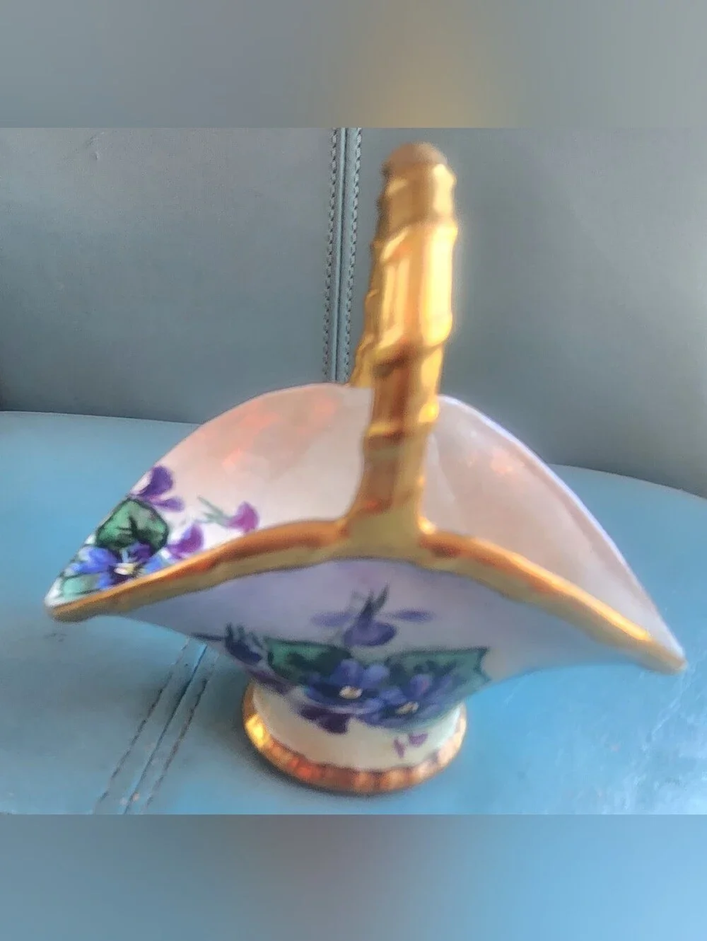 Vtg LIMOGES Purple Hand-Painted Violets Floral Porcelain Basket Gold Accents B&C